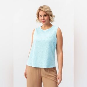 Adrian Delafield Haband Blue Floral Embroidered Eyelet Sleeveless Tank Top XL